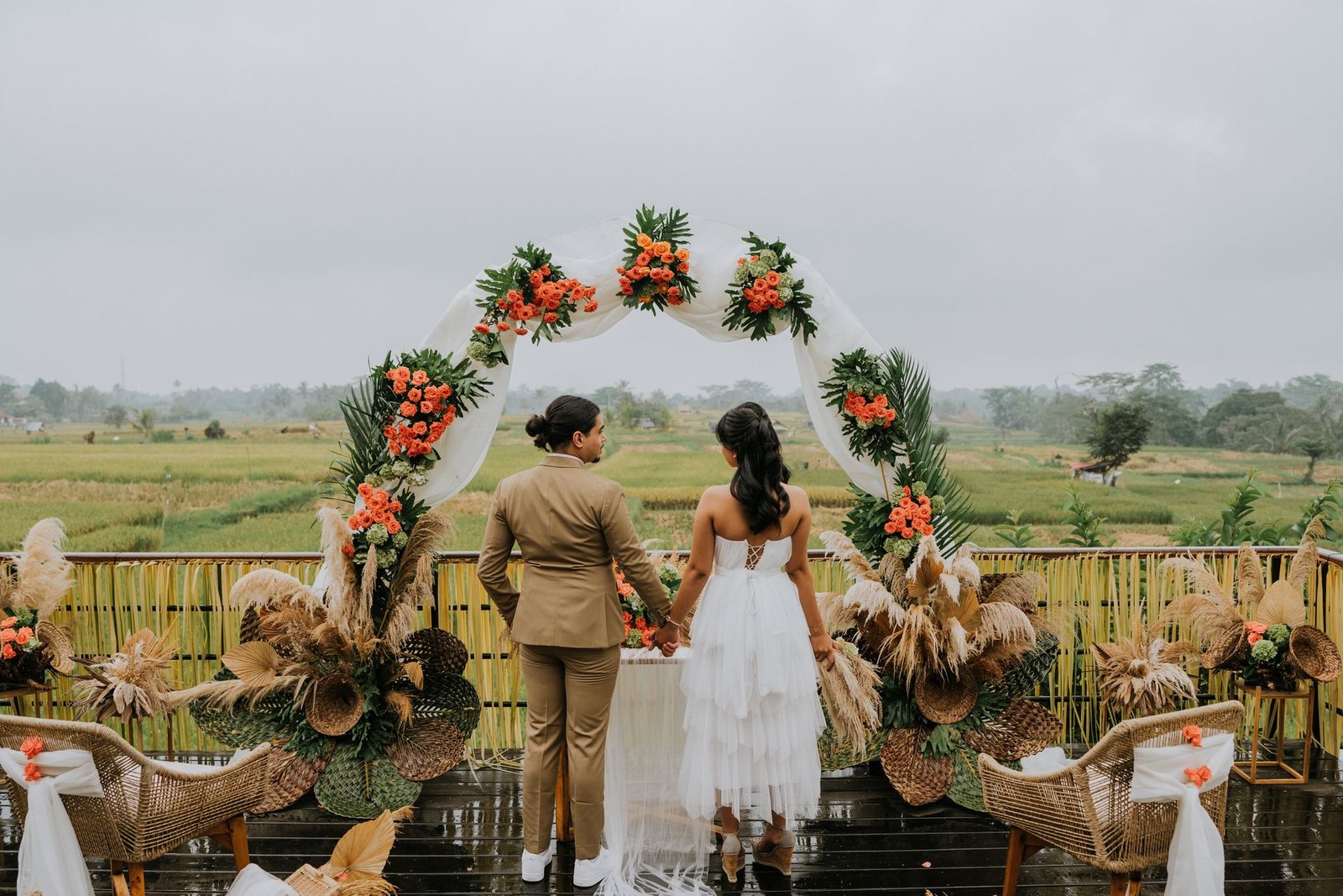 Boho chic wedding arch overlooking Ubud rice fields